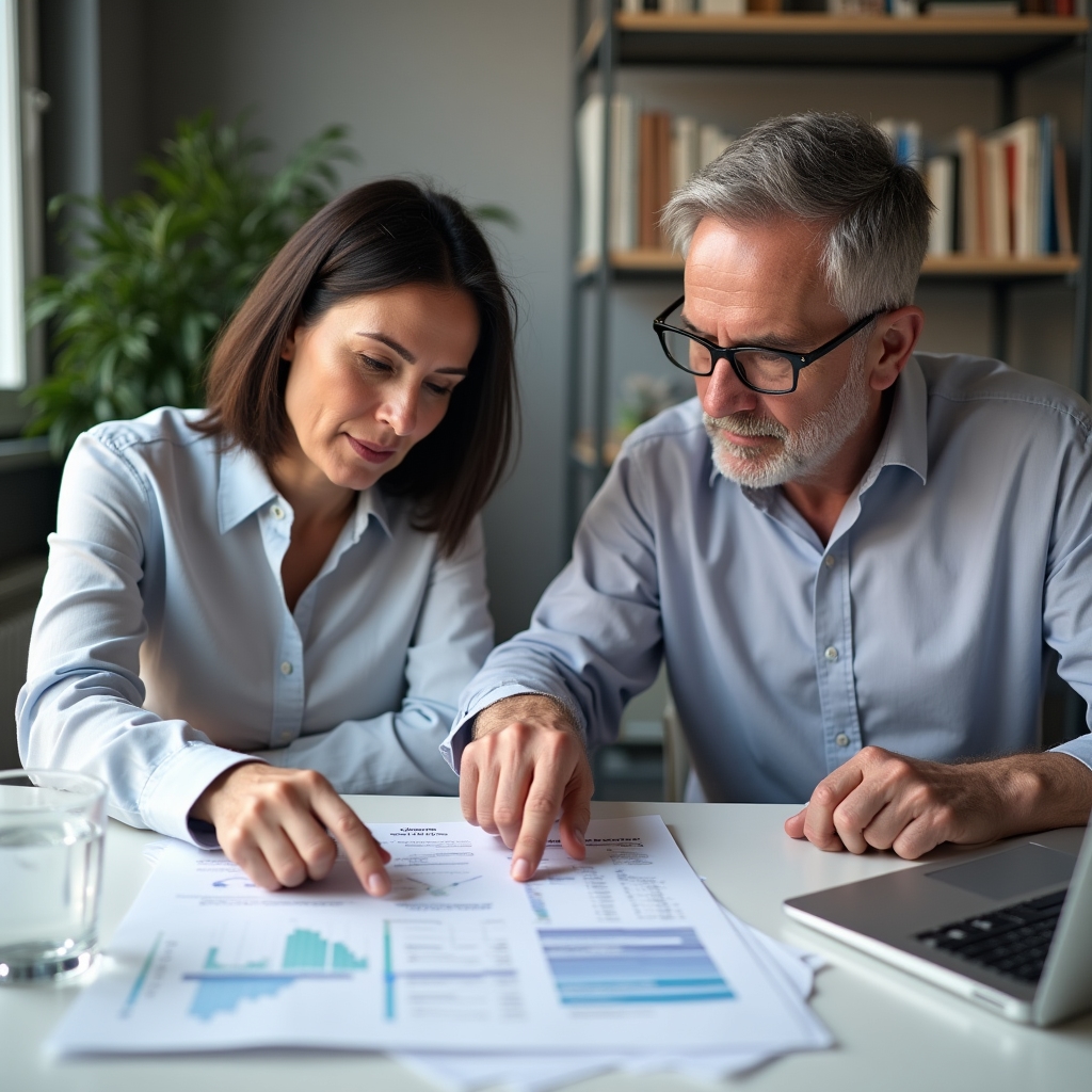 Two professionals reviewing a pool diagnostic report at a desk