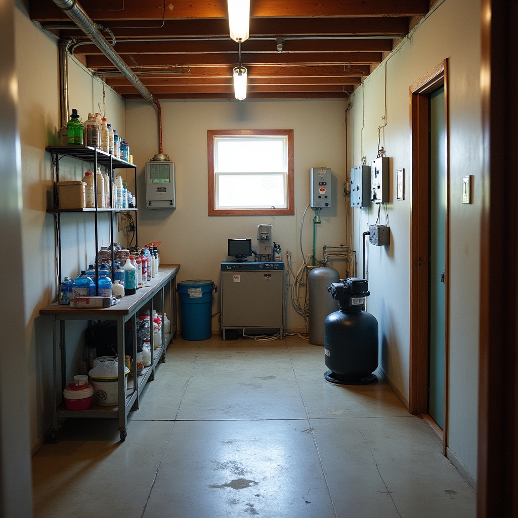 Pool equipment room with chemical storage and dosing systems