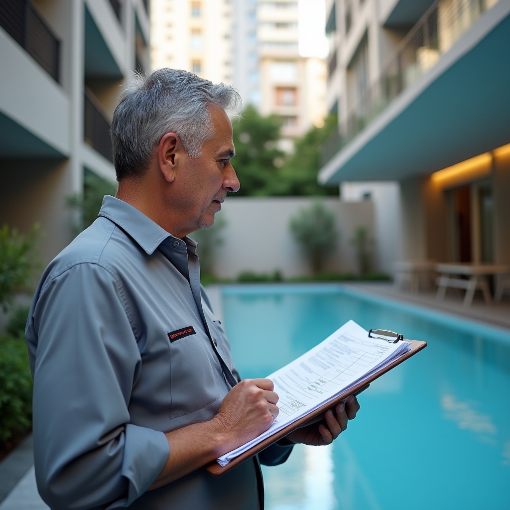 Technical inspector examining pool shell condition in a Buenos Aires residential building