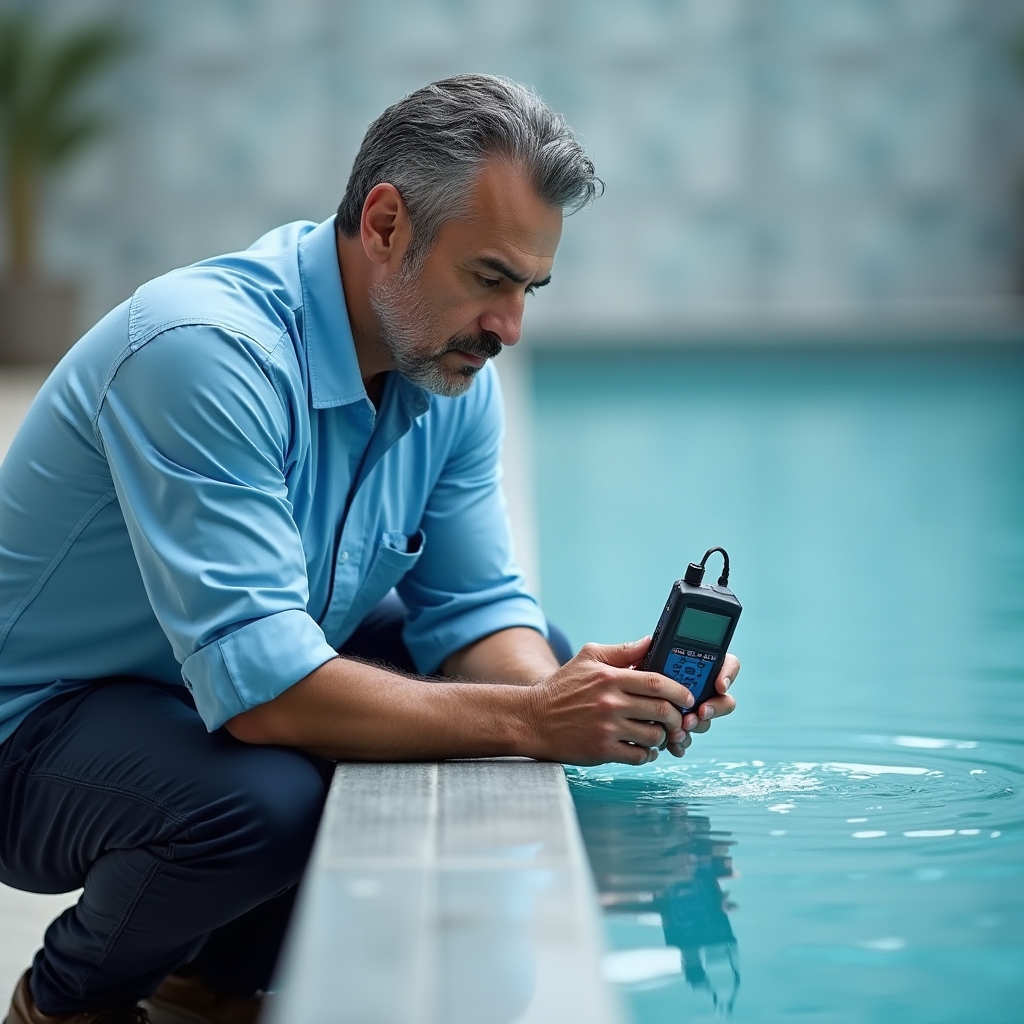 Technician testing pool water chemistry with professional kit