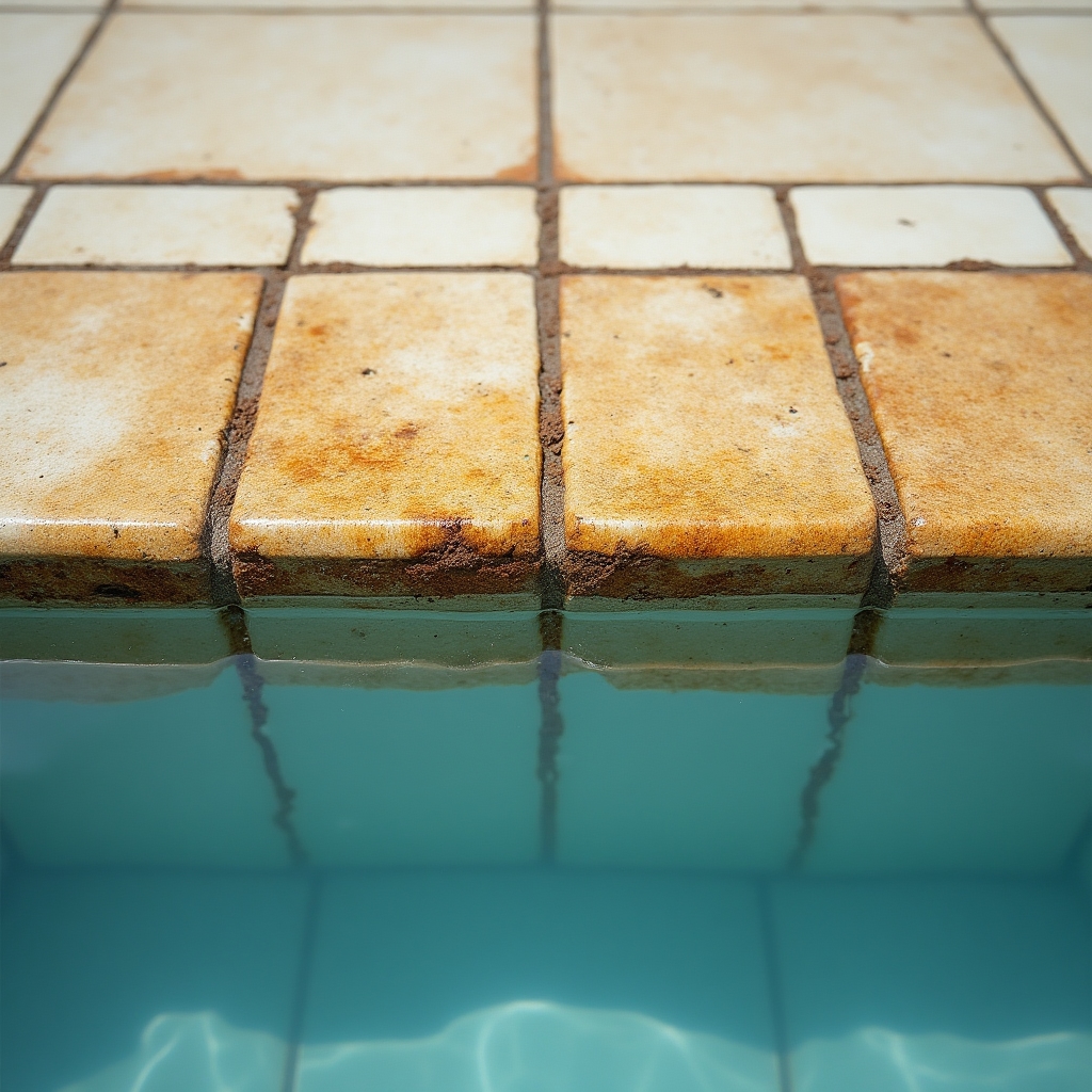 Pool waterline with mineral staining and biofilm buildup